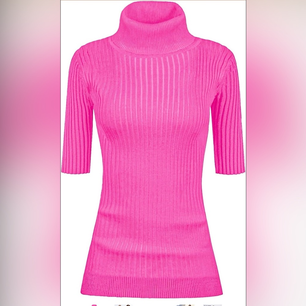 v28 Women Turtleneck 1/2 Half Sleeve Highly Stretchy Ribbed Knit Fitted Sweater